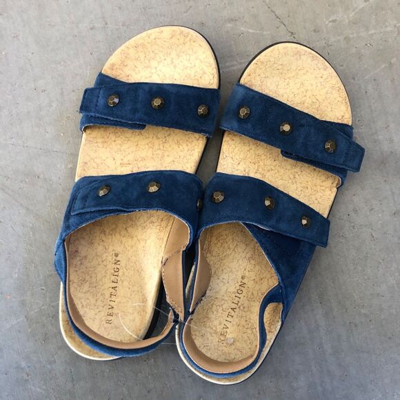 Revitalign Women’s 10 Blue Suede Comfort Sandals Orthotic Cork Footbed Slip-On - Picture 6 of 12